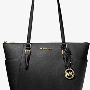 Michael Kors Charlotte L Saffiano Leather Top-Zip Tote Bag in Black
